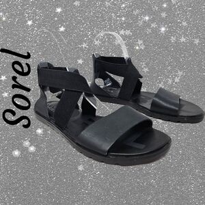 Sorel Sandels Womens Sz 7 Ella II Black Leather Flat Elastic Gore Ankle Strap